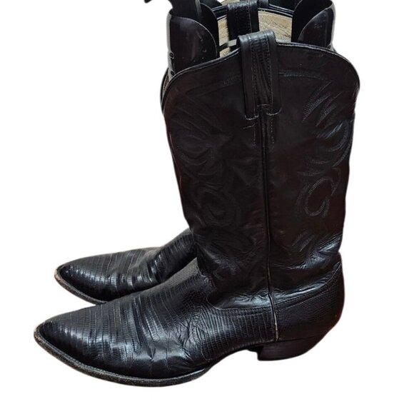 Vtg Larry Mahan Black Leather Cowboy Boots SIze 11 B, made in Texas main image 16